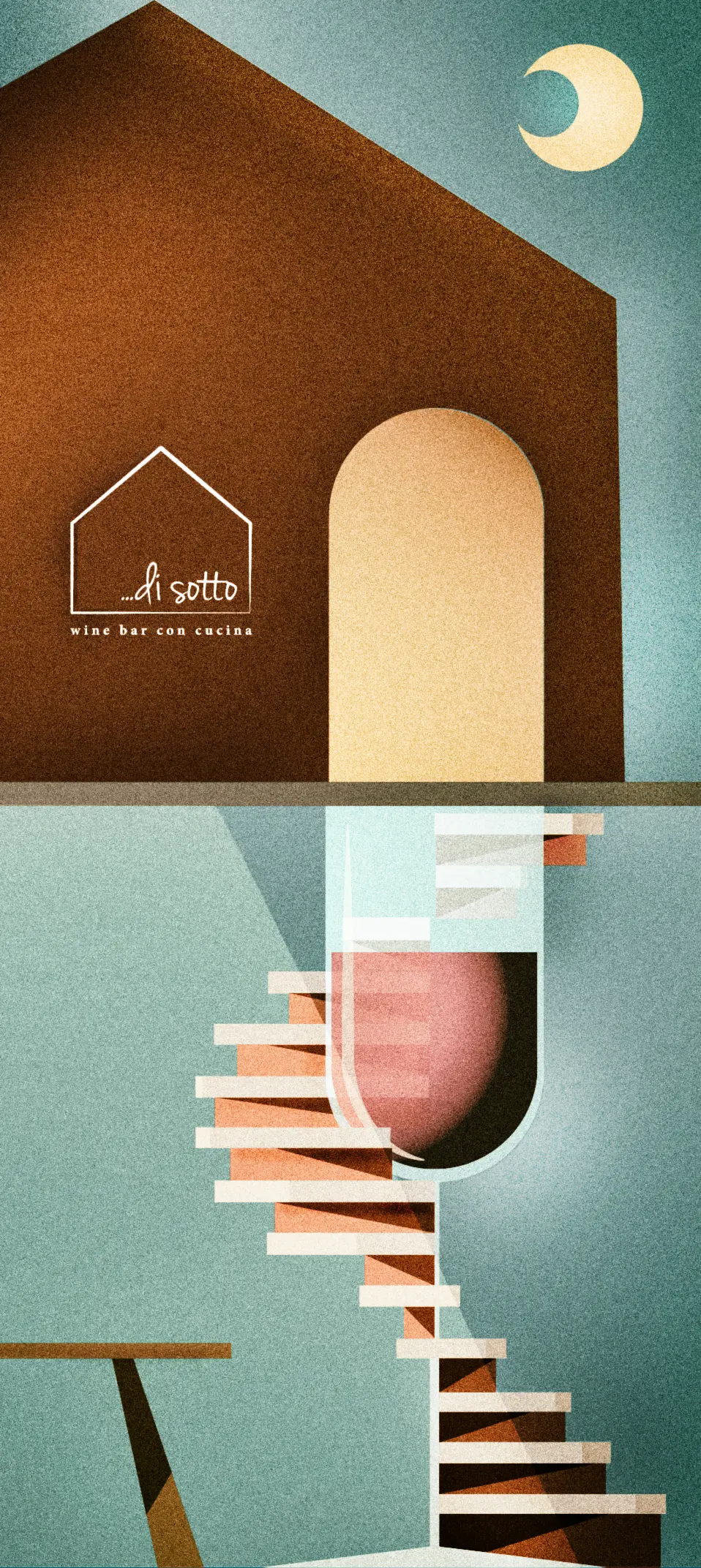 Immagine artistica di una casa dal cui ingresso parte una scala a chiocciola che scende di sotto, la scala a chiocciola si svolge attorno ad un calice